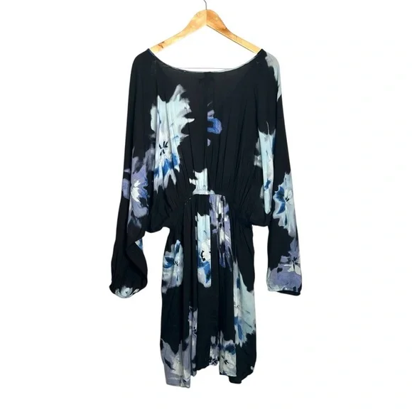 Venus Black Floral V-Neck Boho Slouchy Caftan Hi-Low Mini Dress Size Large - Picture 8 of 9